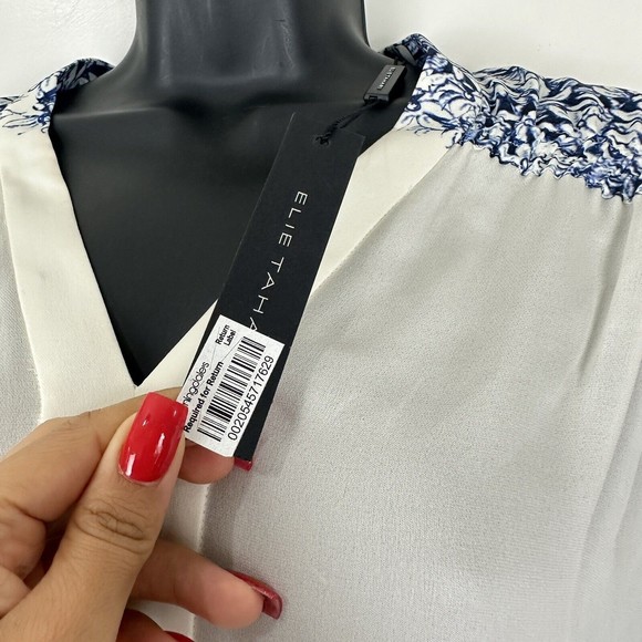 Elie Tahari Tiffany Silk Floral-Print Pearl Indigo V-Neck Short-Sleeve Blouse - Picture 9 of 15